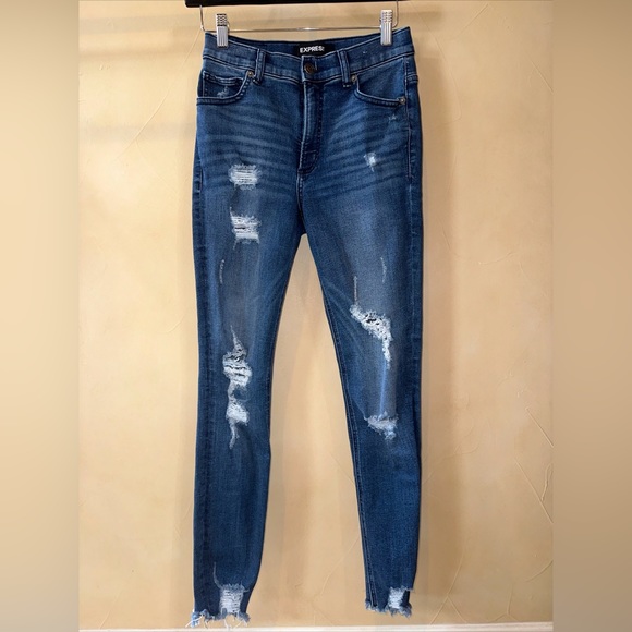 Express Denim - Express Distressed Stretch Ankle High Rise Jeans Women's 4R  Blue Denim Perfect
